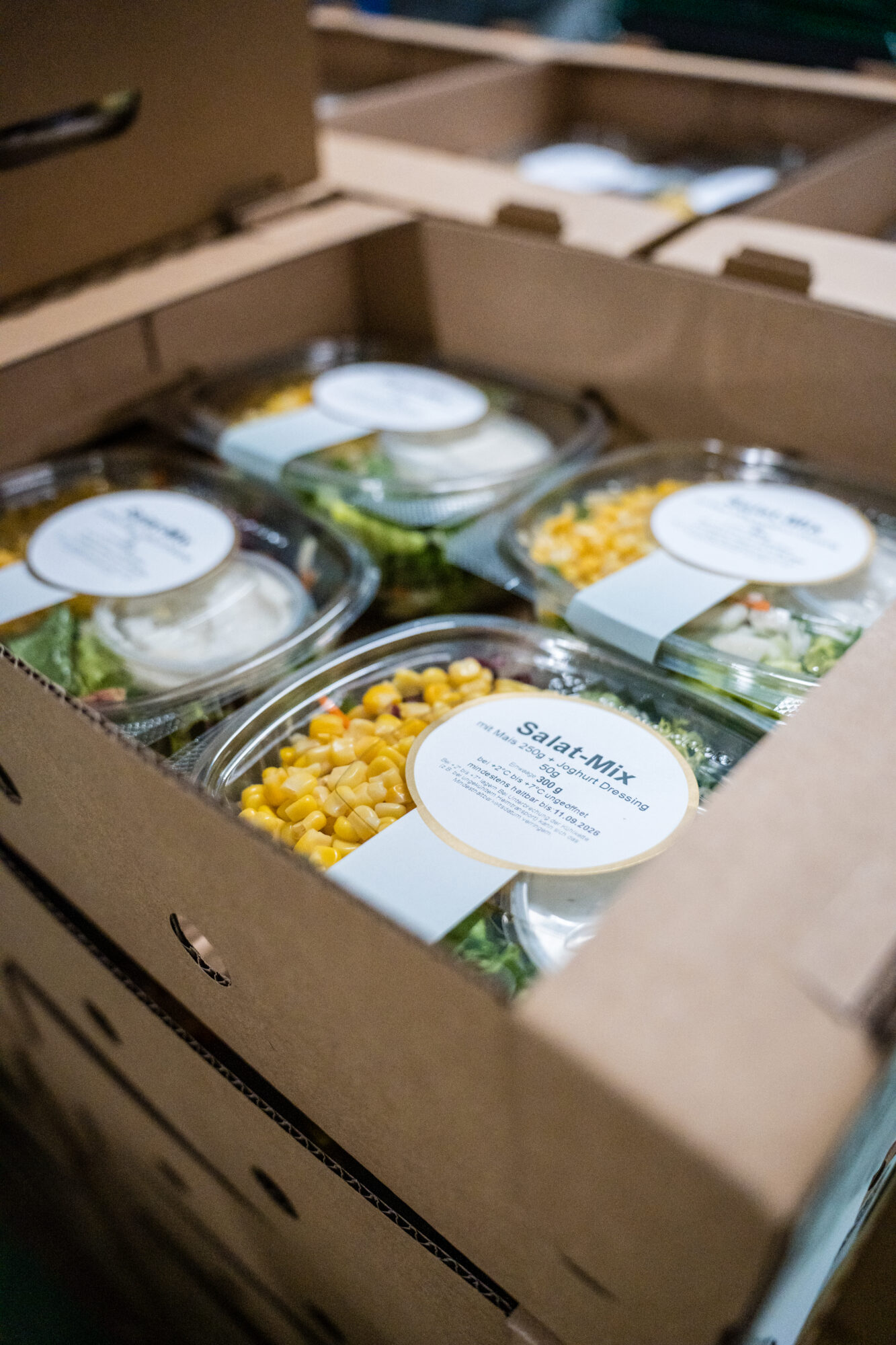 Fertig etikettierte Salatschalen im Versandkarton